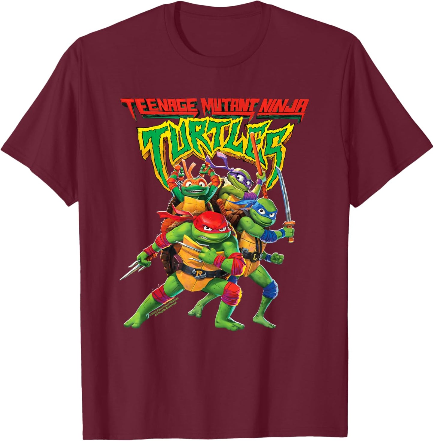 Teenage Mutant Ninja Turtles: Mutant Mayhem Logo with Group Small T-Shirt - T-Shirt | Maroon