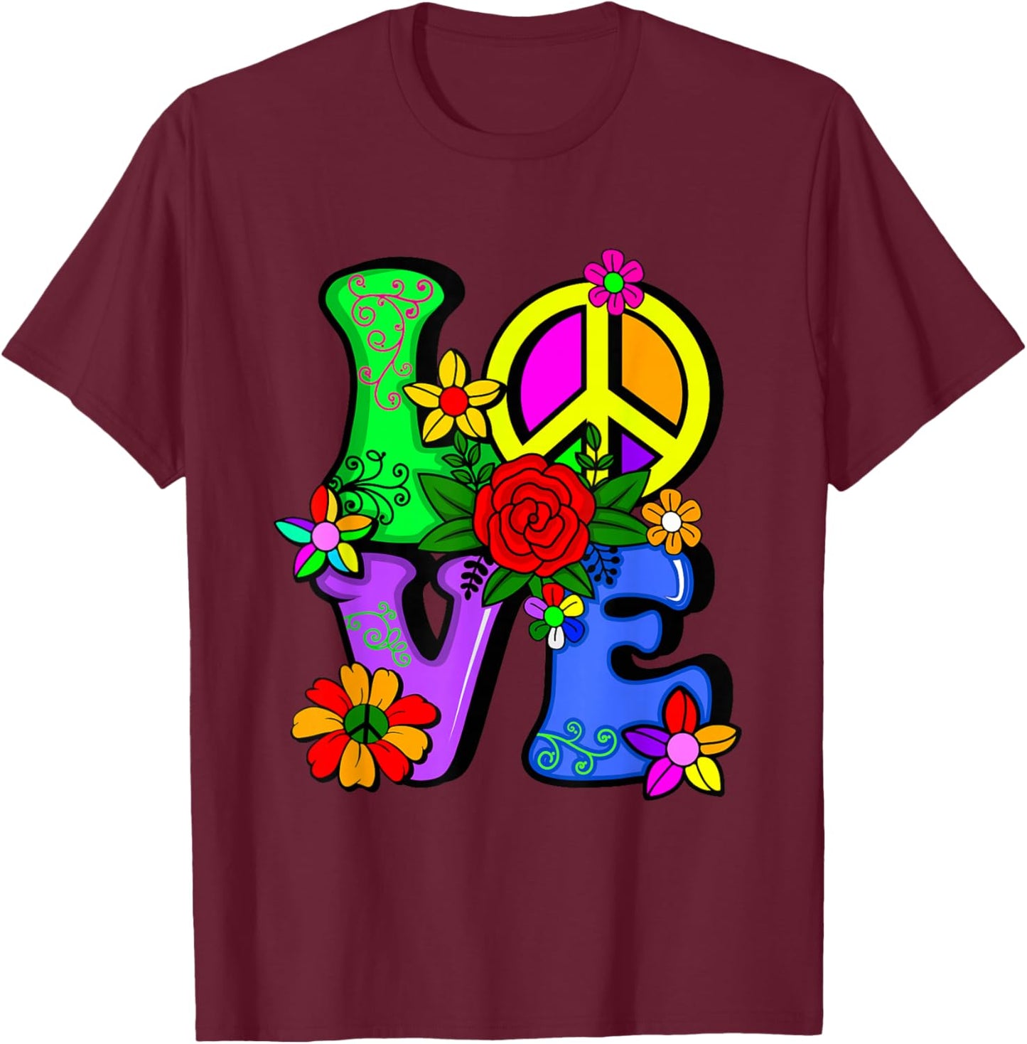 Retro 60's 70's Flower Power Hippy, Groovy Love Peace Hippie T-Shirt - T-Shirt | Maroon