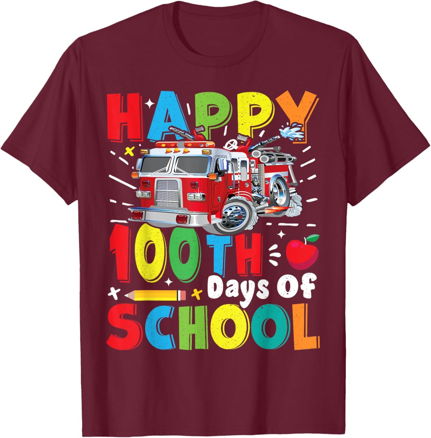 Fire Truck 100 Day of School Apparel for Teachers Boys Girls T-Shirt - T-Shirt | Maroon