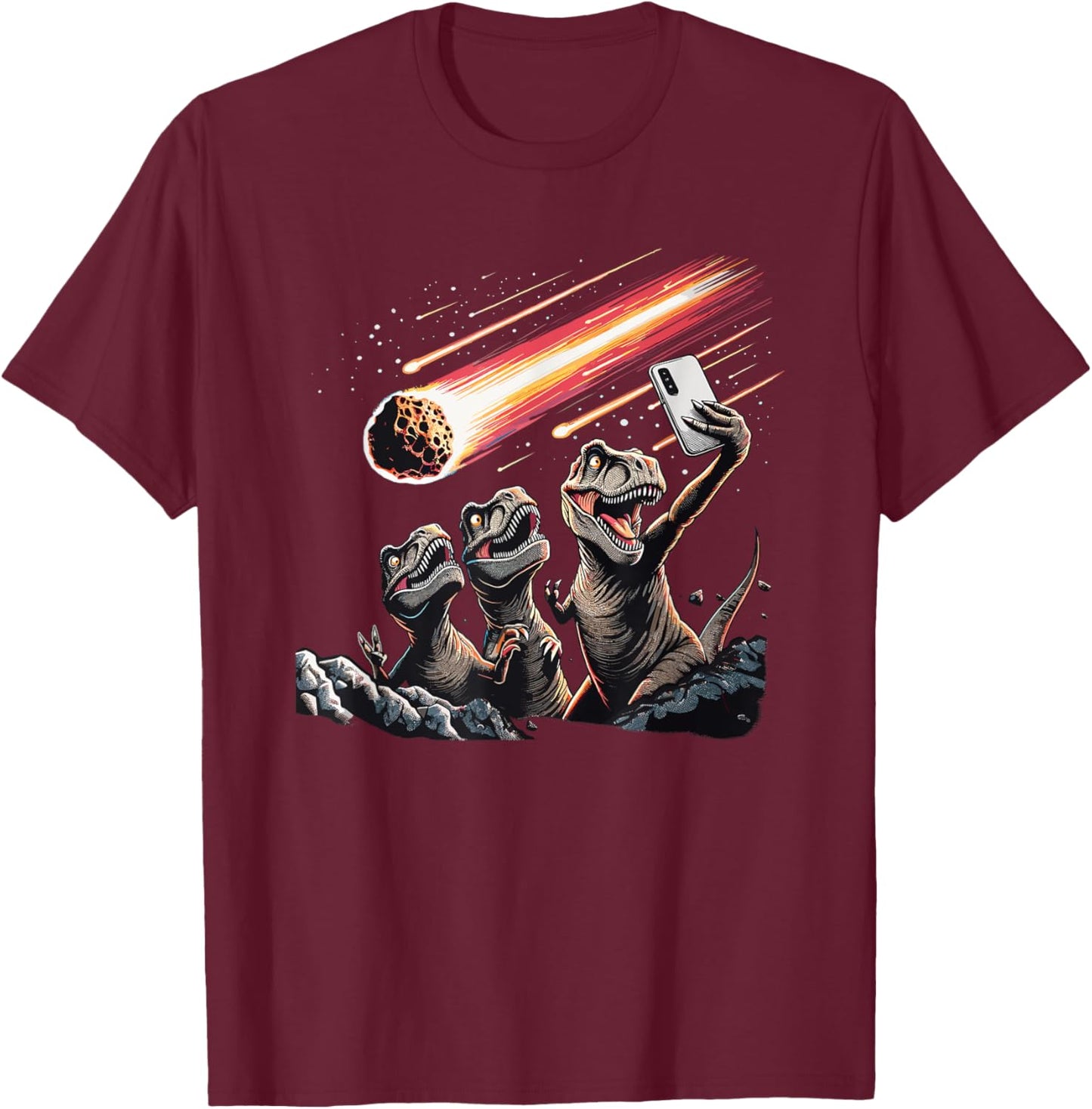 Dinosaur T-Rex Selfie Novelty Men Kids Women Funny Dinosaur T-Shirt - T-Shirt | Maroon
