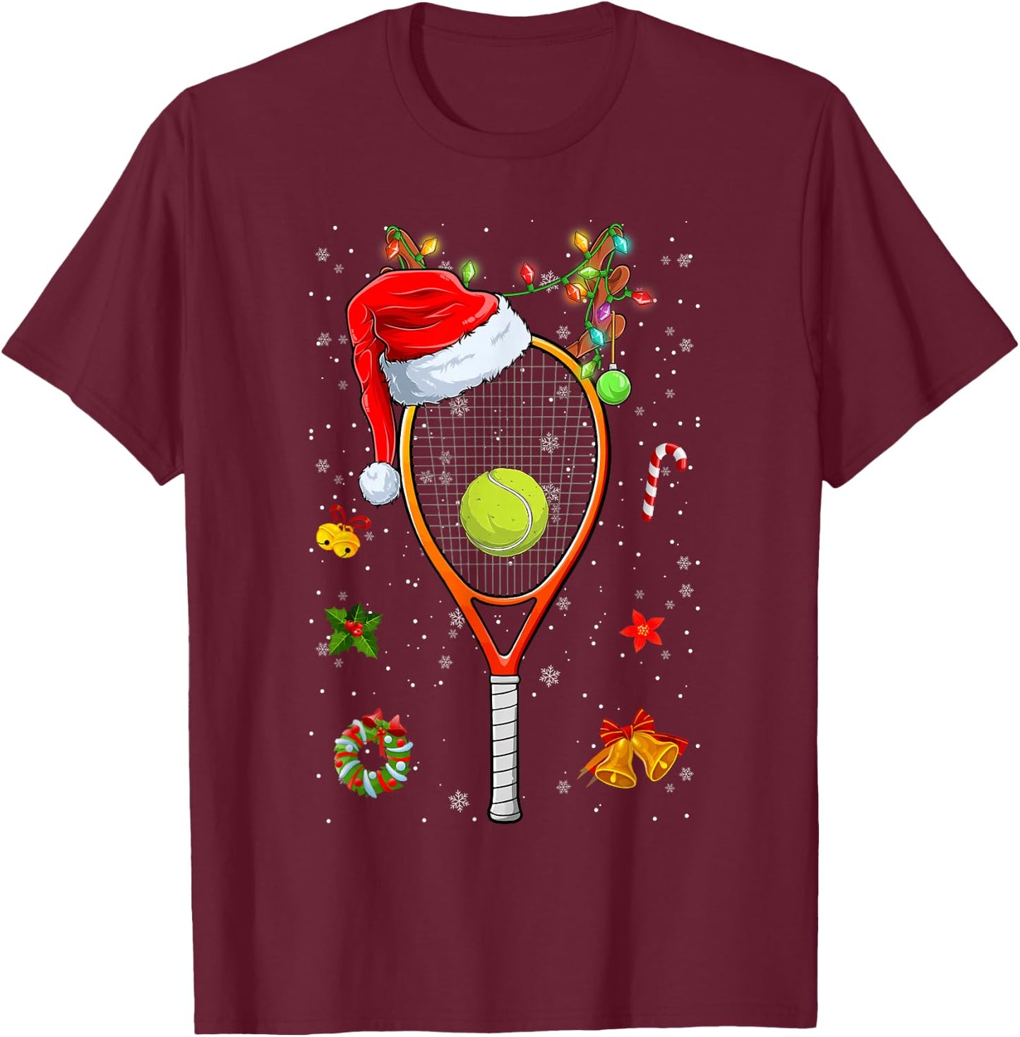 Funny Tennis Racket Reindeer Santa Hat Christmas Lights Xmas T-Shirt - T-Shirt | Maroon