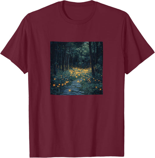 Forest With Fireflies Vintage Landscape Graphic T-Shirt - T-Shirt | Maroon