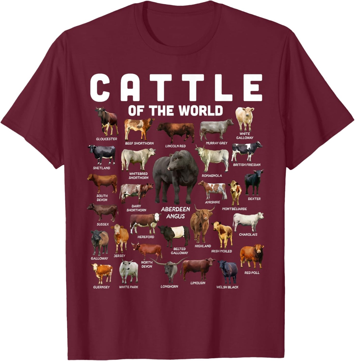 Cow Shirt Cattle Of The World Types Of Cows Funny Farmer T-Shirt - T-Shirt | Maroon