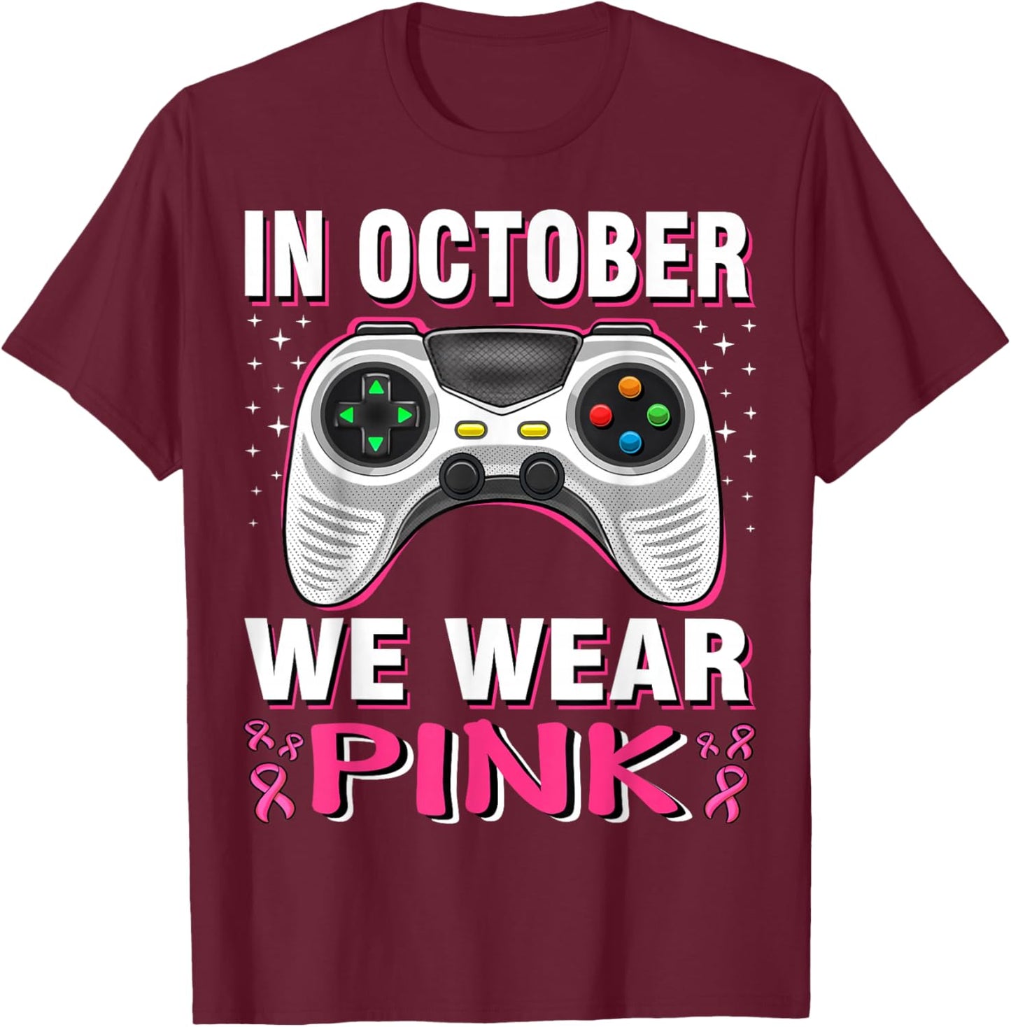 In October We Wear Pink Breast Cancer Gaming Kids Boys Youth T-Shirt - T-Shirt | Maroon