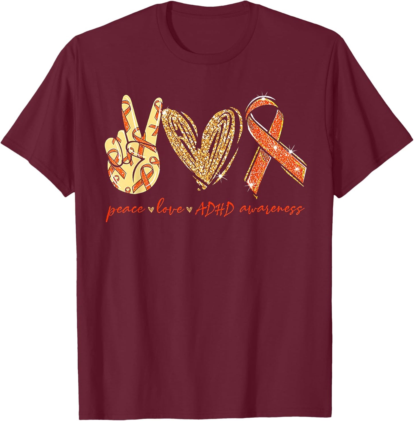 Peace Love Cure ADHD Awareness T-Shirt - T-Shirt | Maroon
