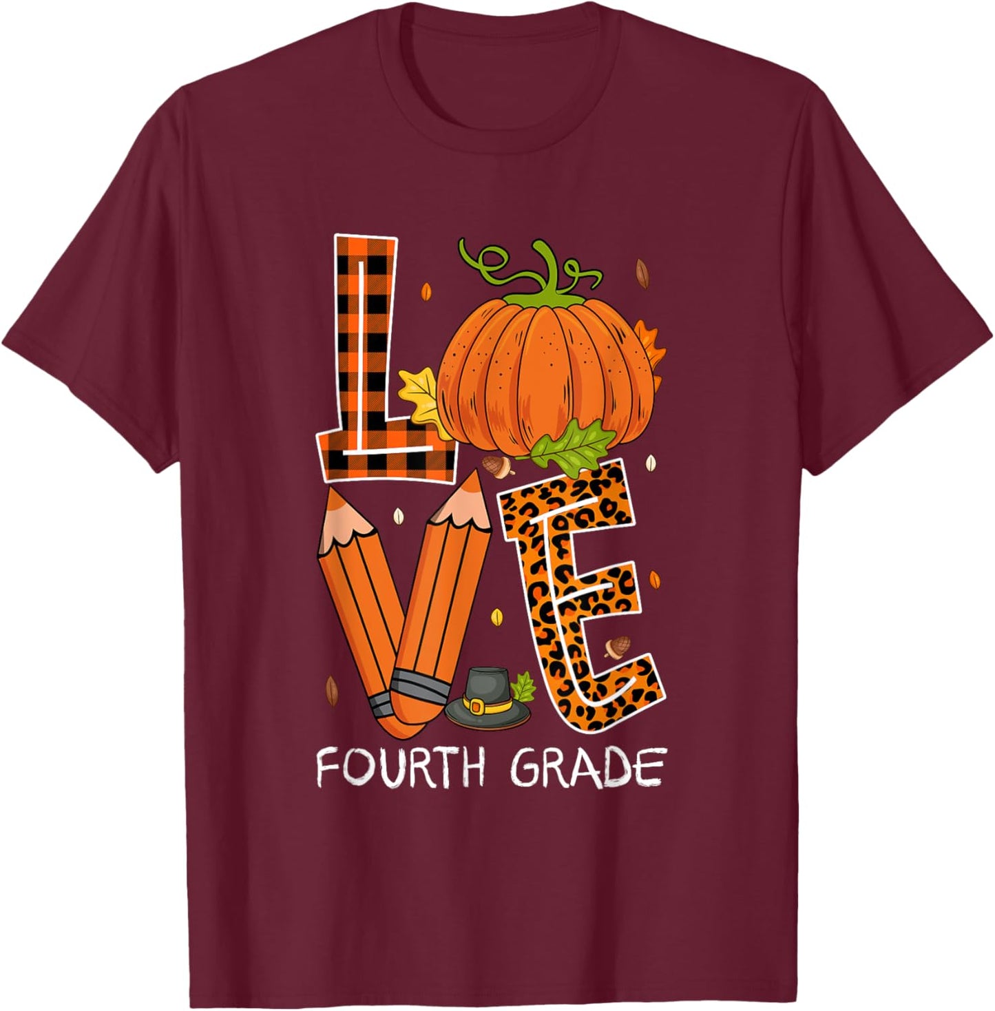 Love Fourth Grade Costume Pumpkin Pencils Thanksgiving Fall T-Shirt - T-Shirt | Maroon