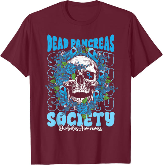 Diabetes Awareness Dead Pancreas Society Skull Halloween T-Shirt - T-Shirt | Maroon