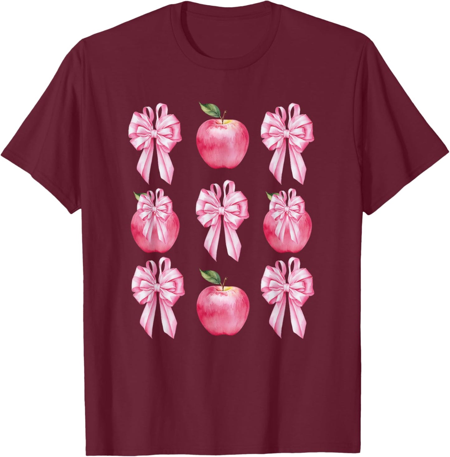 Pink Coquette Bow Apple Kid Back To School First Day Teacher T-Shirt - T-Shirt | Maroon