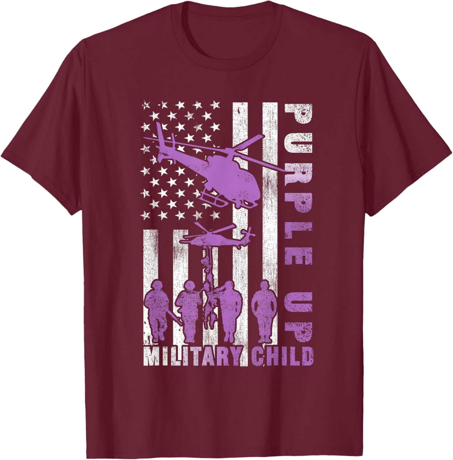 Military Child Purple Up Shirt American Flag Helicopter Kids T-Shirt - T-Shirt | Maroon
