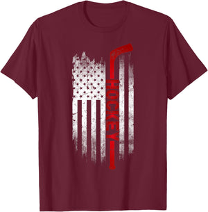 Ice Hockey Stick USA Flag Sports Patriotic Hockey Player T-Shirt - T-Shirt | Maroon