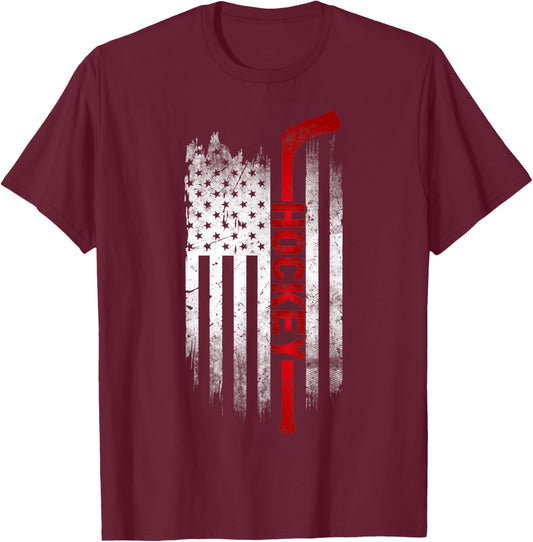 Ice Hockey Stick USA Flag Sports Patriotic Hockey Player T-Shirt - T-Shirt | Maroon