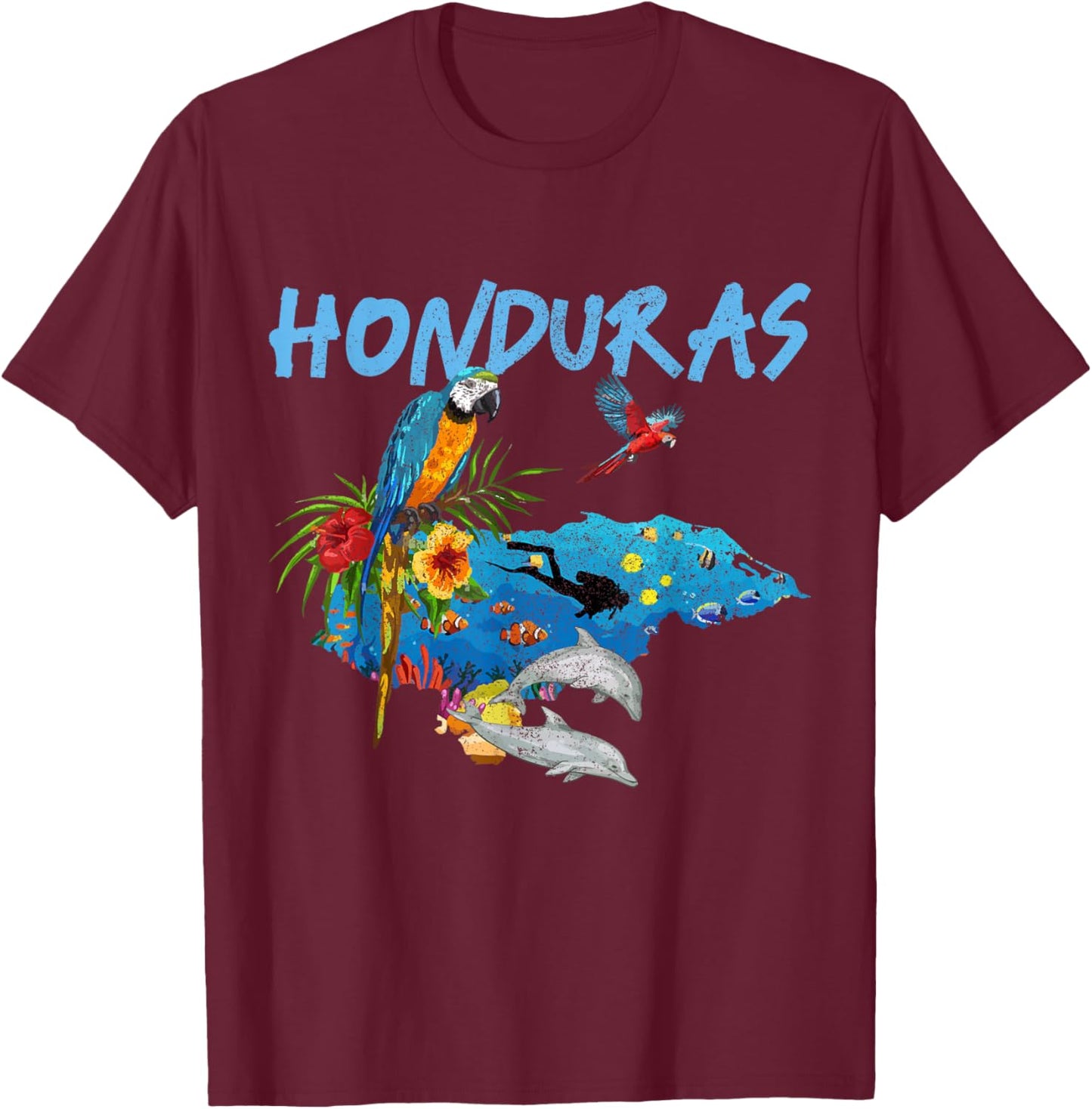 Honduras Map Nature Parrot Diving Souvenir Pride T-Shirt - T-Shirt | Maroon