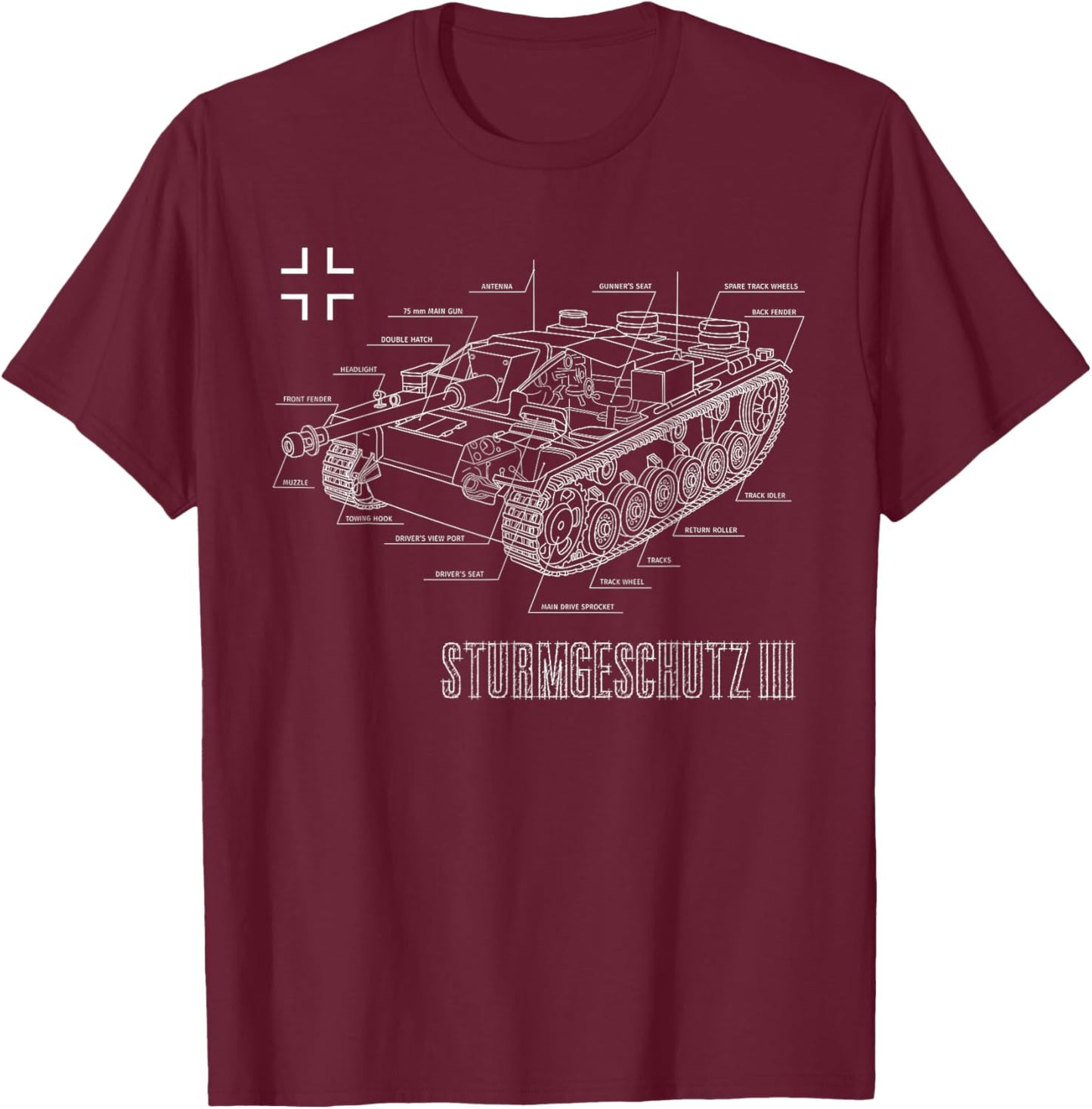 World War 2 Army German Tank StuG III Ausf. G Blueprint T-Shirt - T-Shirt | Maroon