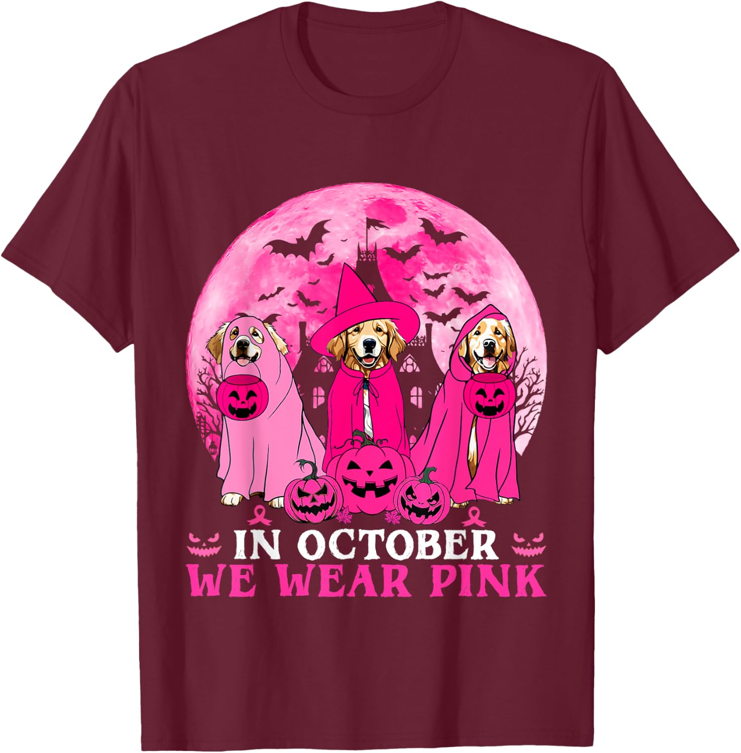 Ghost And Witch Golden Retriever In October We Wear Pink T-Shirt - T-Shirt | Maroon
