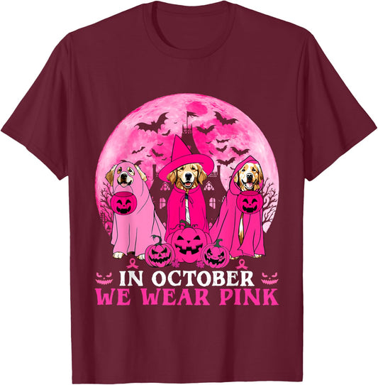 Ghost And Witch Golden Retriever In October We Wear Pink T-Shirt - T-Shirt | Maroon