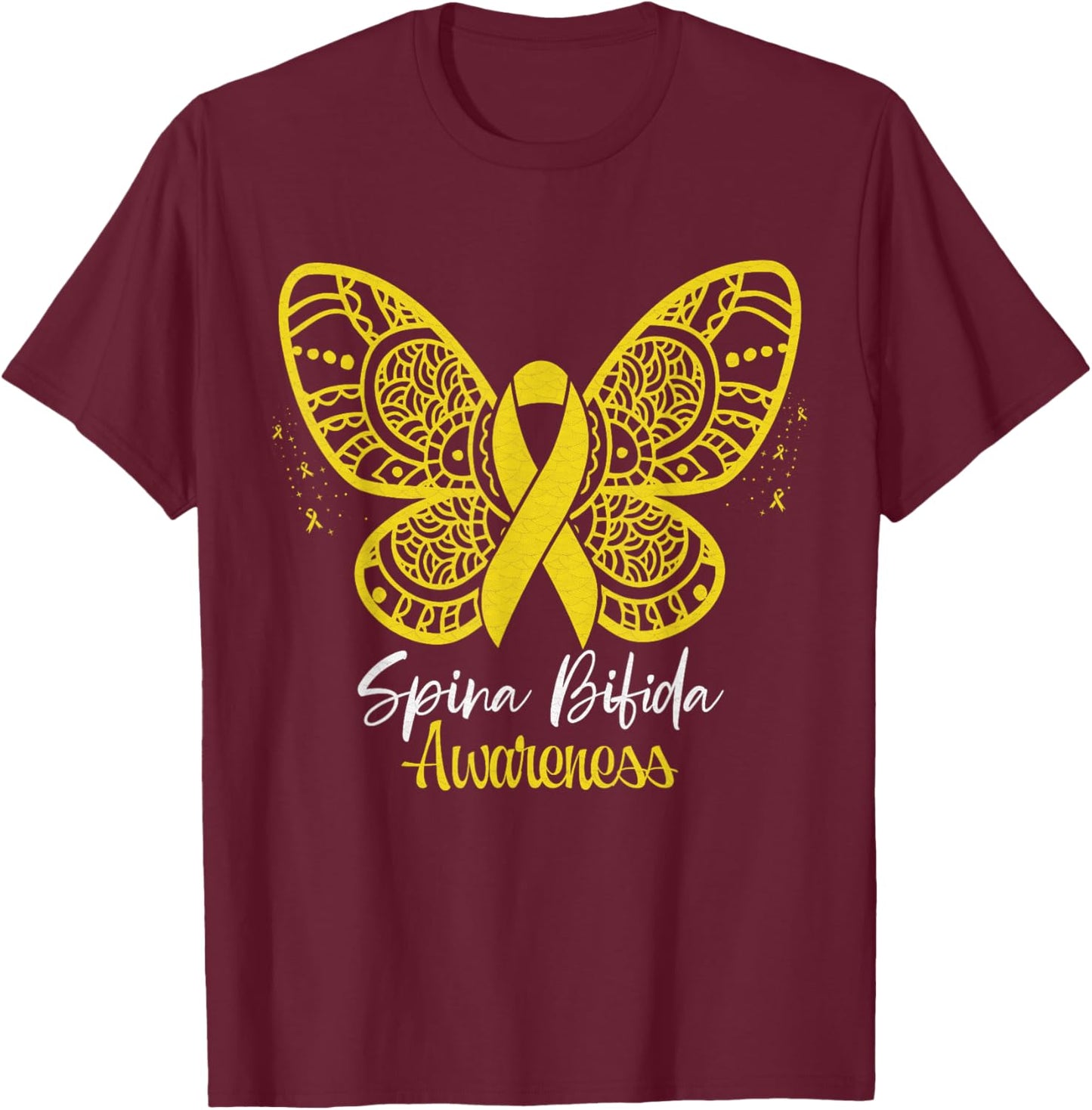 Spina Bifida Butterfly Yellow Ribbon Spina Bifida Awareness T-Shirt - T-Shirt | Maroon