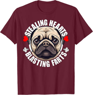 Funny Pug Stealing Hearts Blasting Farts Puppy Dog Lover T-Shirt - T-Shirt | Maroon