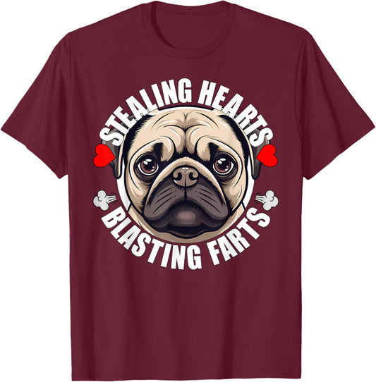 Funny Pug Stealing Hearts Blasting Farts Puppy Dog Lover T-Shirt - T-Shirt | Maroon