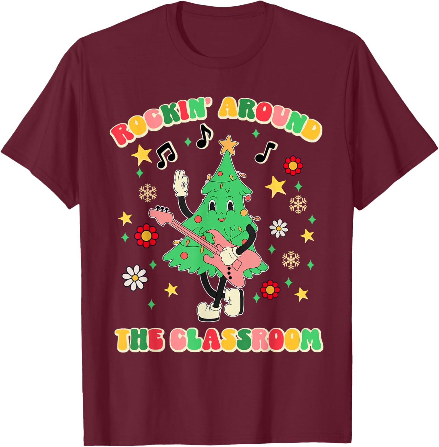 Teacher Christmas Gifts Shirts Pajama Matching Rockin' Around The Classroom -Adult Black Short Sleeve Small Modern Festive Christmas Teacher Xmas Vibes T-Shirt - T-Shirt | Maroon