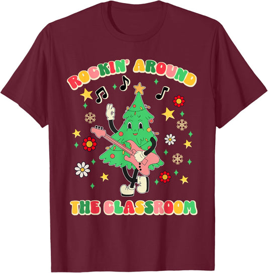 Teacher Christmas Gifts Shirts Pajama Matching Rockin' Around The Classroom -Adult Black Short Sleeve Small Modern Festive Christmas Teacher Xmas Vibes T-Shirt - T-Shirt | Maroon