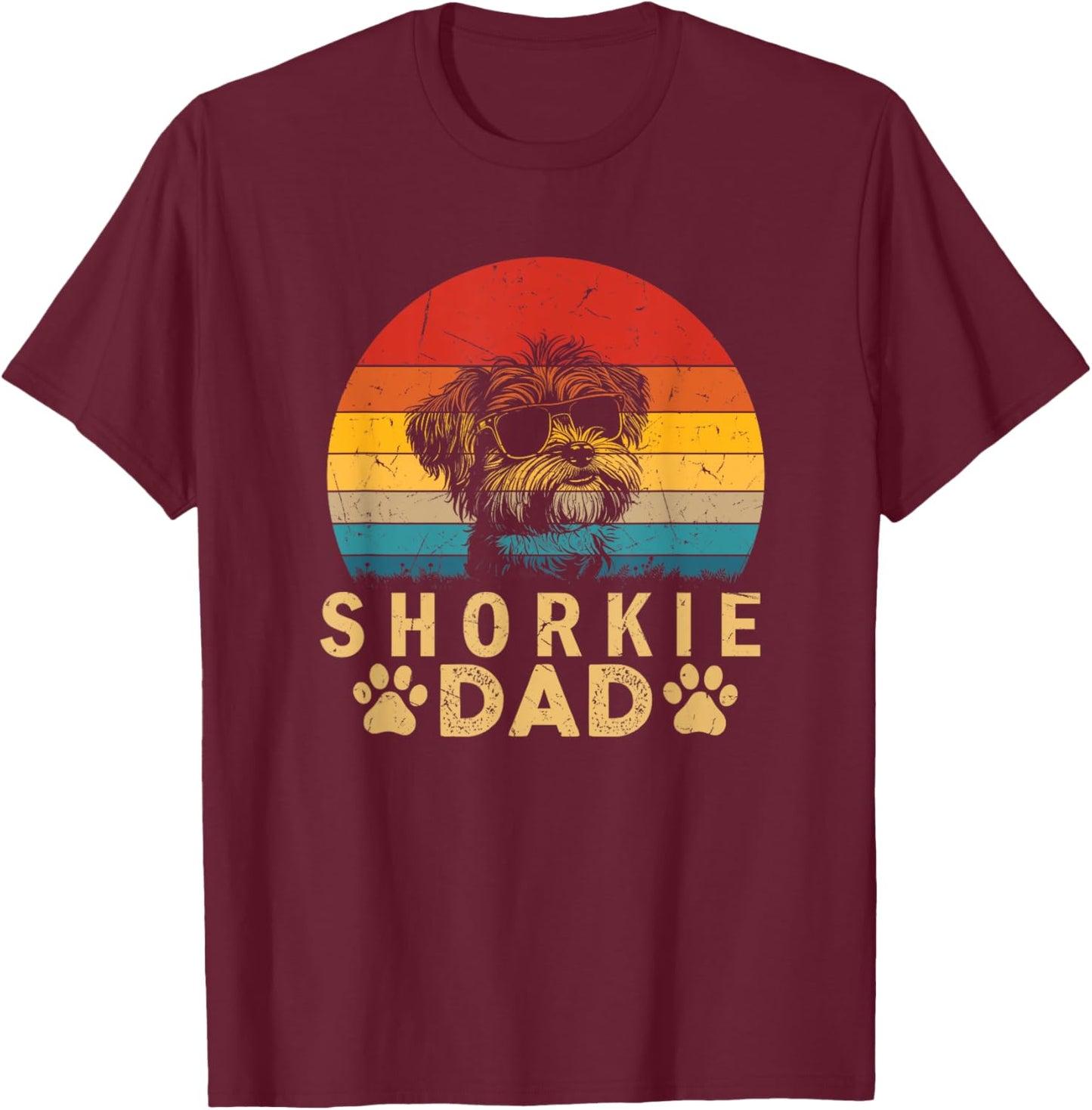 Vintage Cool Shorkie Dad Dog Lovers Paw Print Fathers Day Women Girls Kids T-Shirt - T-Shirt | Maroon