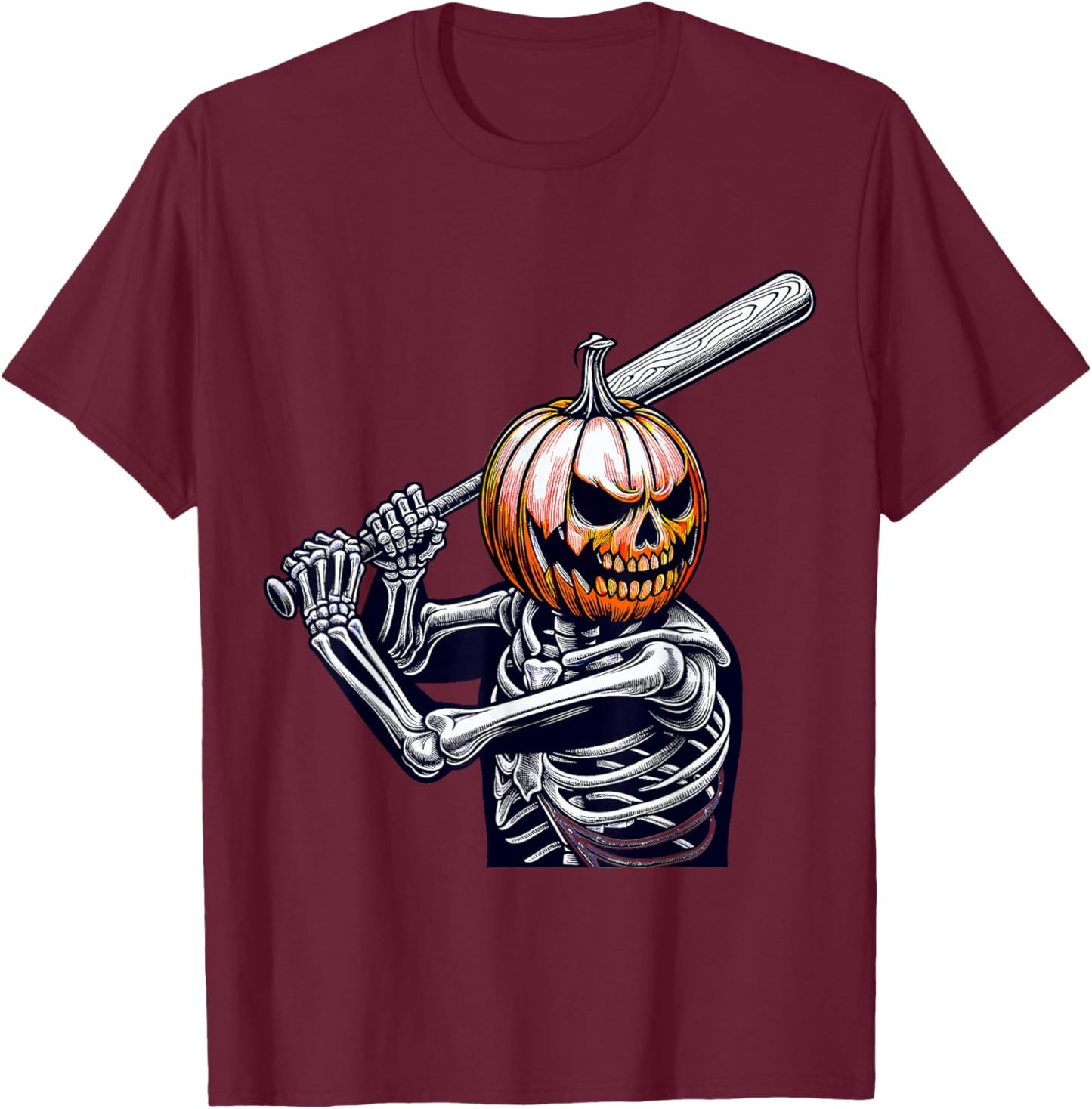 Pumpkin Skeleton playing Baseball Player Halloween T-Shirt - T-Shirt | Maroon