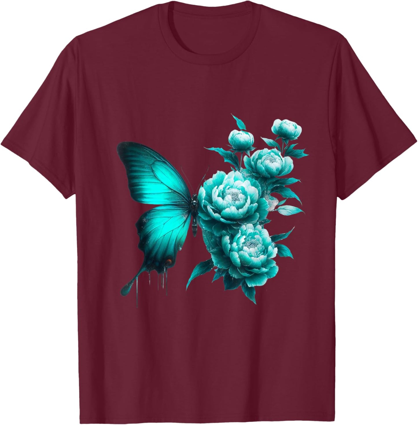 Teal Butterfly Wings Blossoming Floral Turquoise Butterflies T-Shirt - T-Shirt | Maroon