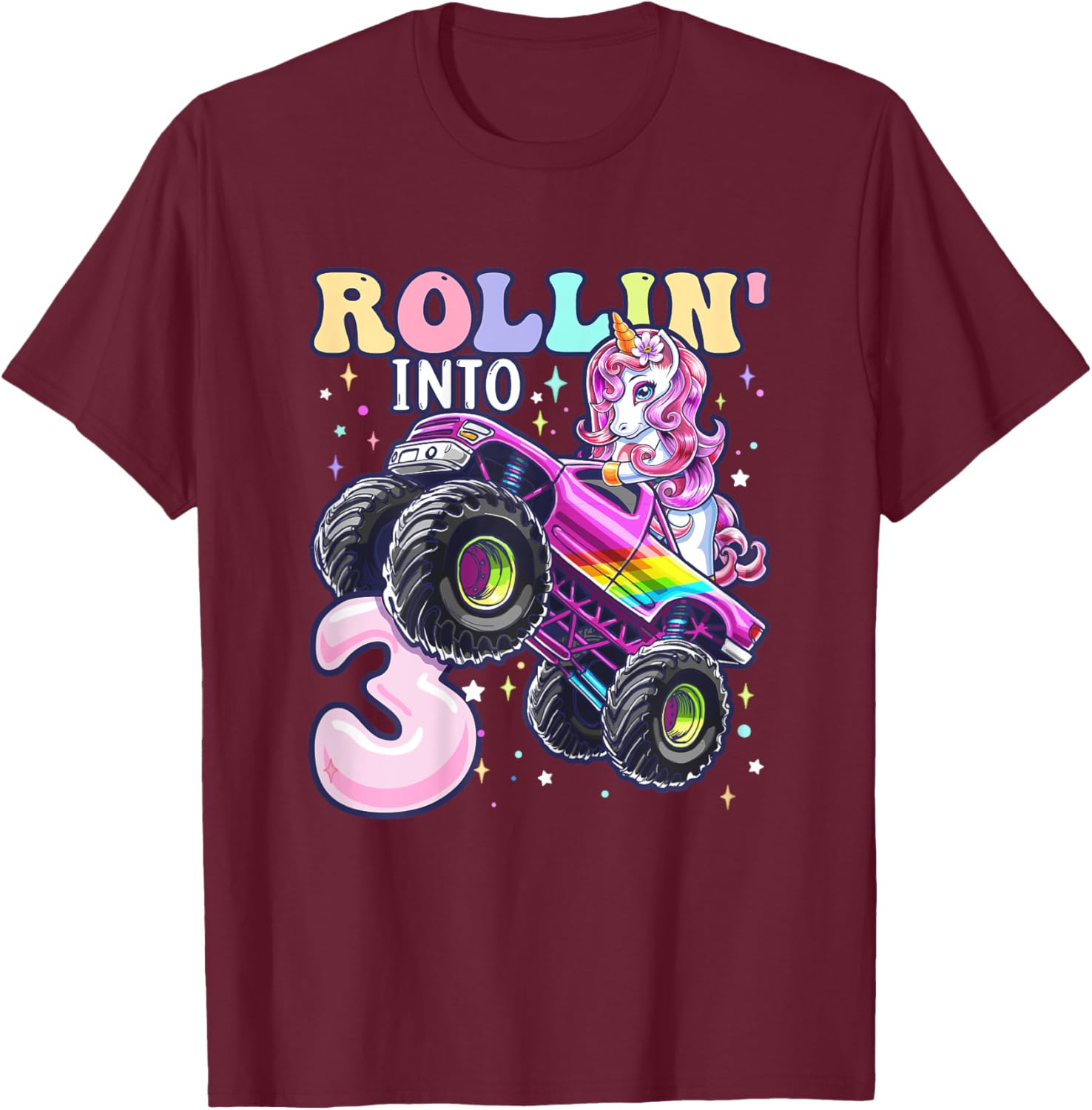 Unicorn Monster Truck 3rd Birthday 3 Year Old Girls Party T-Shirt - T-Shirt | Maroon