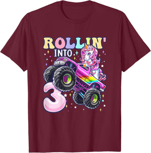 Unicorn Monster Truck 3rd Birthday 3 Year Old Girls Party T-Shirt - T-Shirt | Maroon