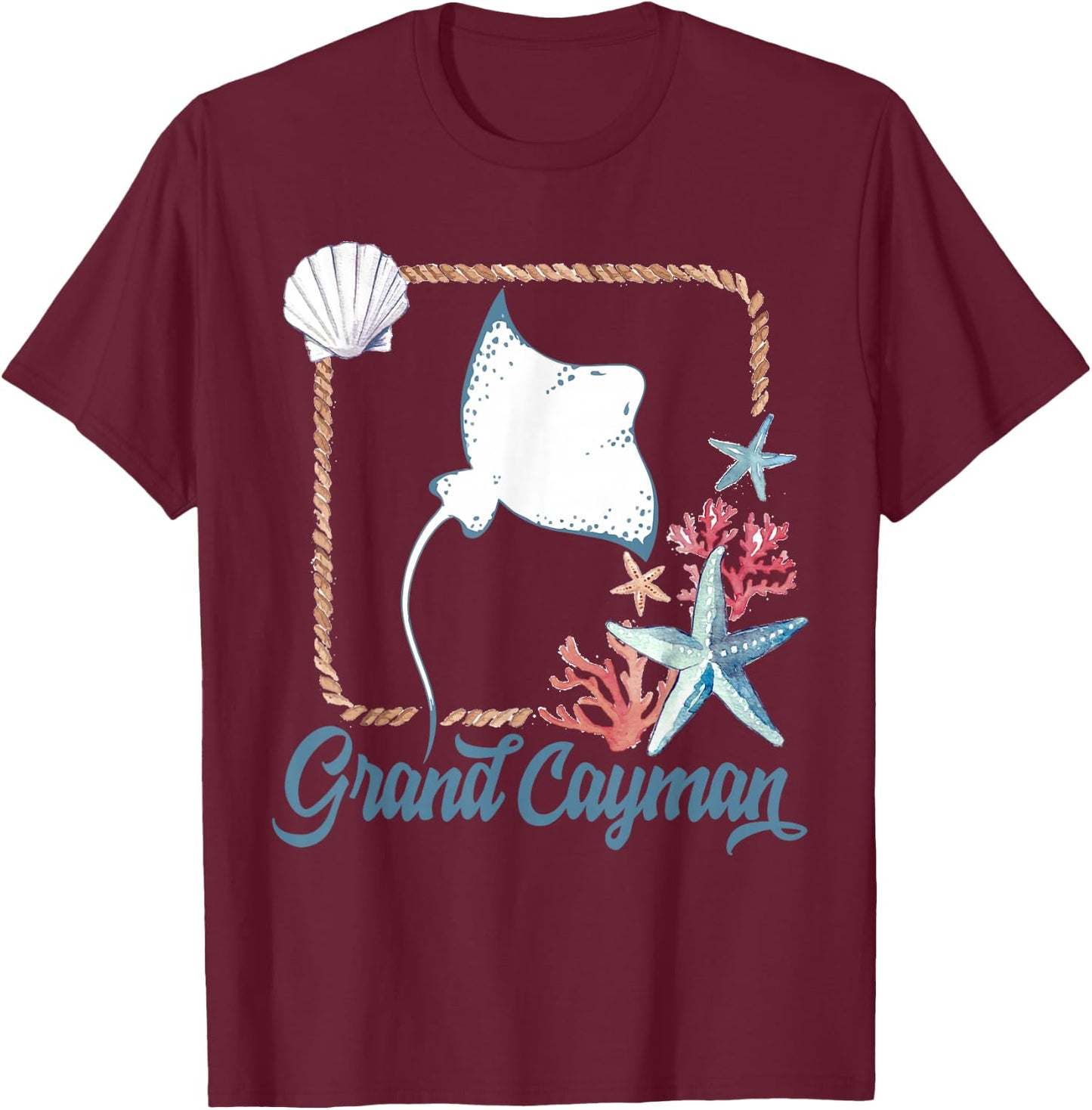 Grand Cayman Islands Turtle Tuna Stingray Blue Souvenir Gift T-Shirt - T-Shirt | Maroon