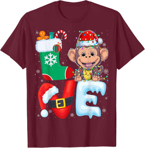 Monkey Wearing Santa Hat Xmas Lights Tree Christmas Monkey T-Shirt - T-Shirt | Maroon