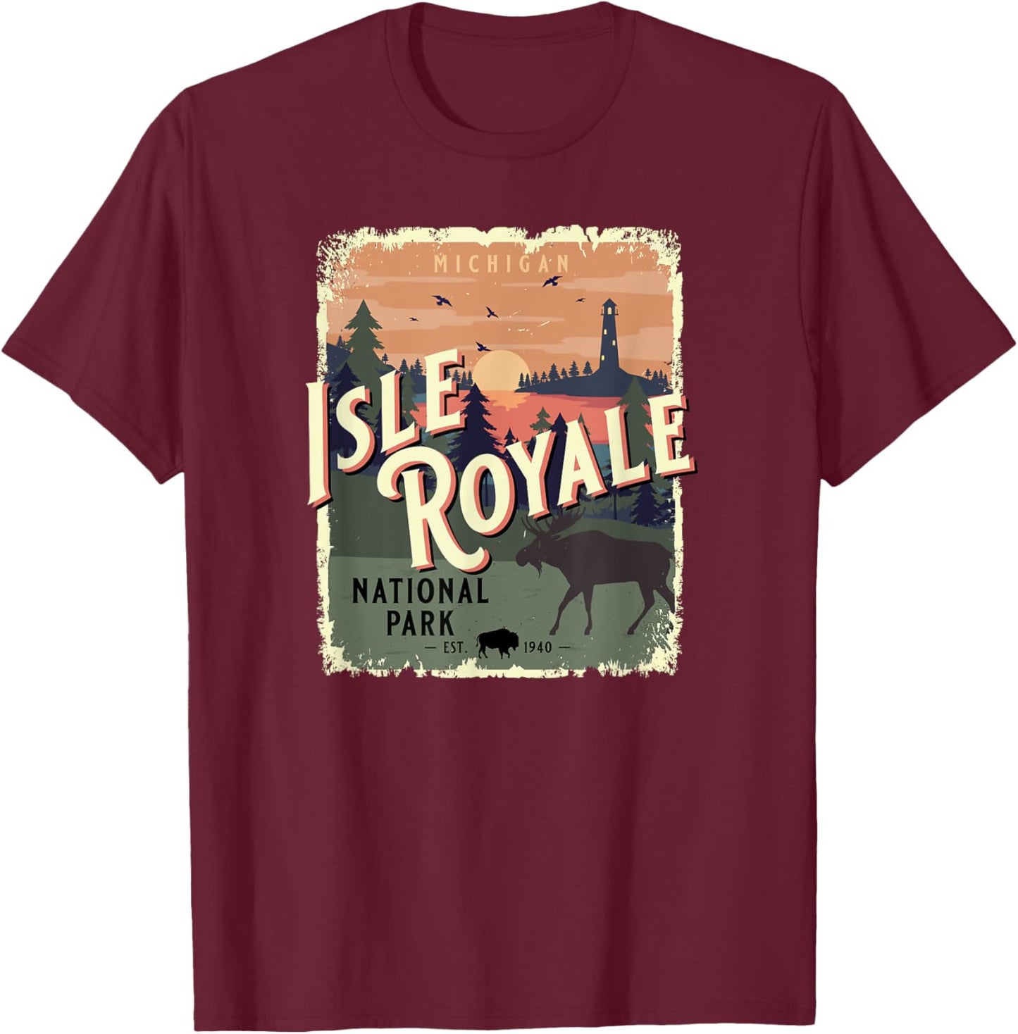 Isle Royale National Park Michigan Vintage Travel Souvenir T-Shirt - T-Shirt | Maroon