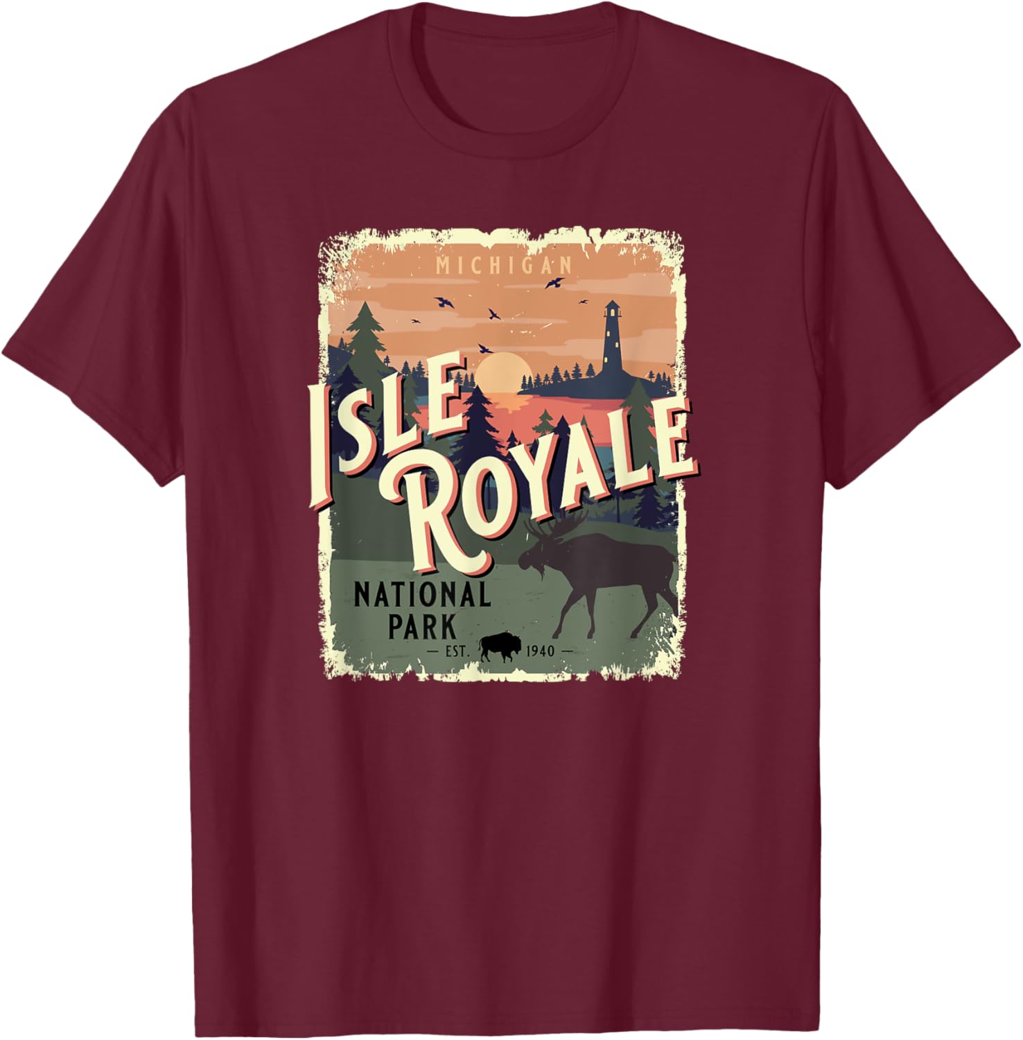 Isle Royale National Park Michigan Vintage Travel Souvenir T-Shirt - T-Shirt | Maroon