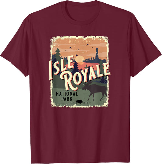 Isle Royale National Park Michigan Vintage Travel Souvenir T-Shirt - T-Shirt | Maroon
