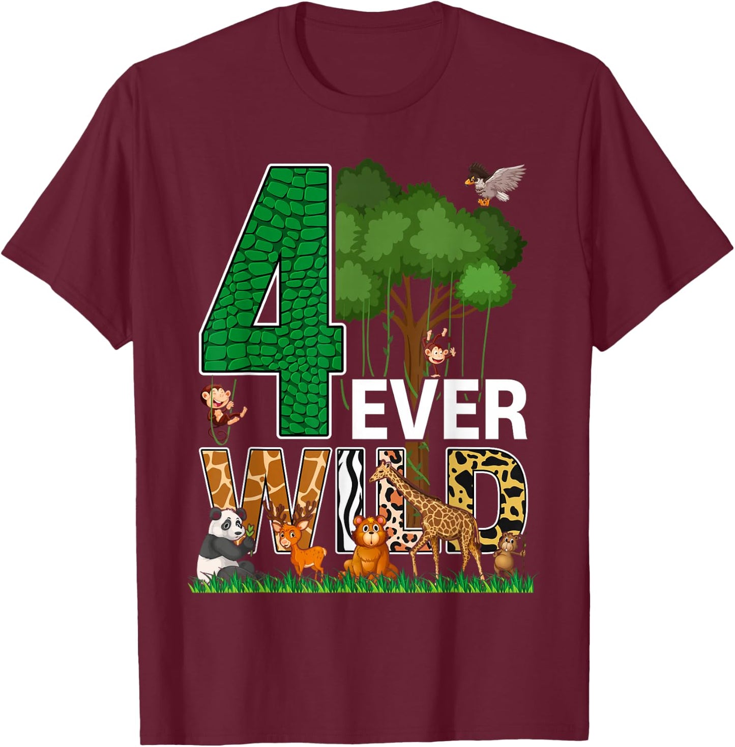 4 Ever Wild Birthday Decorations Boy Zoo 4th Birthday Party T-Shirt - T-Shirt | Maroon