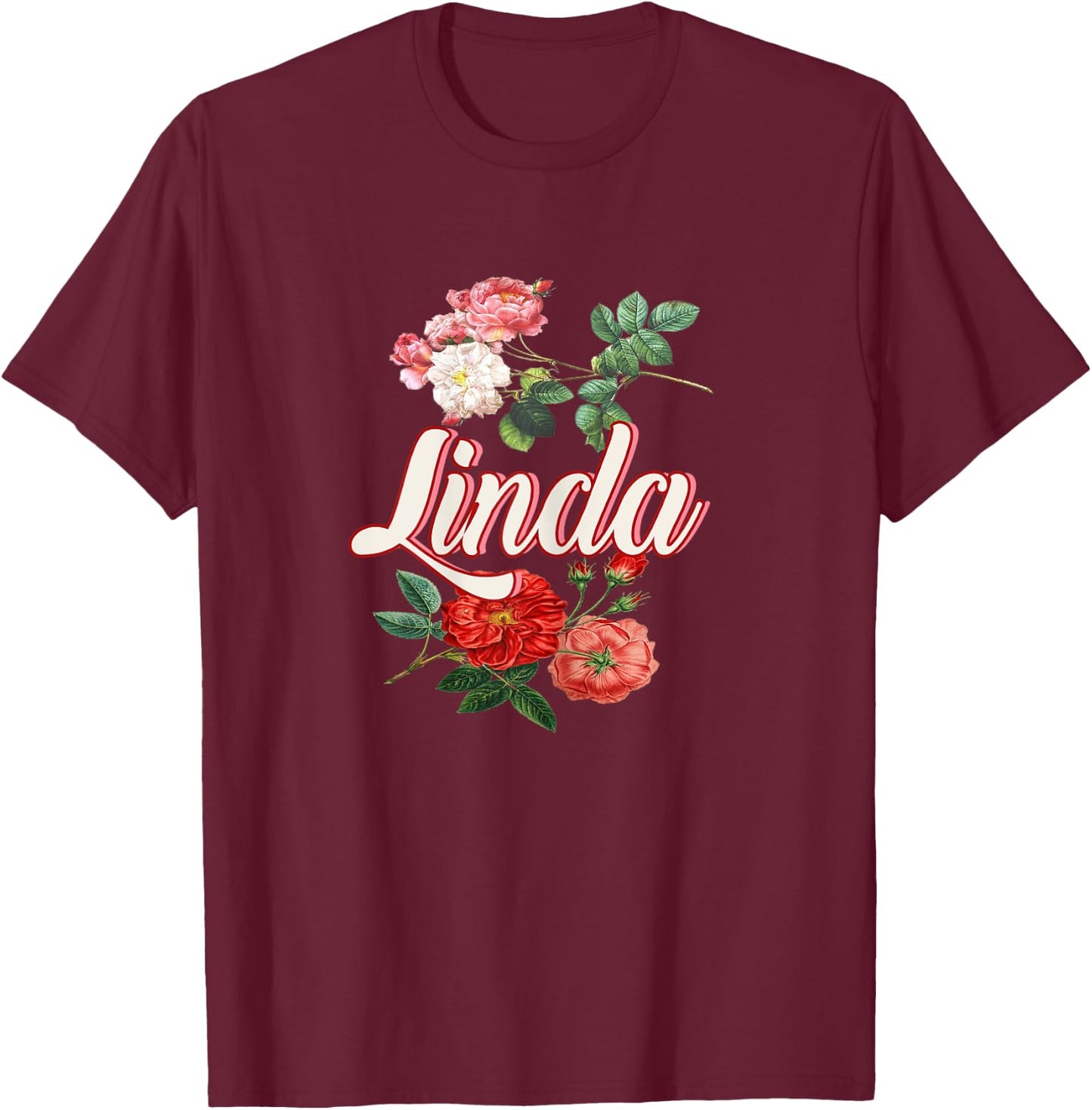 Linda Name With Flowers T-Shirt - T-Shirt | Maroon