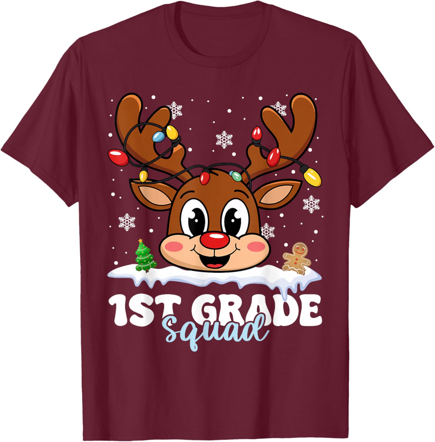 First Grade Squad Teachers Christmas Reindeer Lovers Xmas T-Shirt - T-Shirt | Maroon