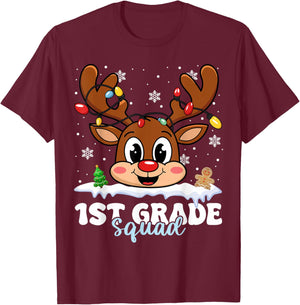 First Grade Squad Teachers Christmas Reindeer Lovers Xmas T-Shirt - T-Shirt | Maroon