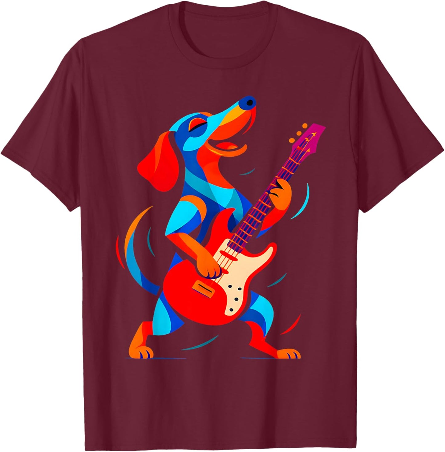 Funny Dachshund Dog Playing Electric Guitar Music Musician T-Shirt - T-Shirt | Maroon