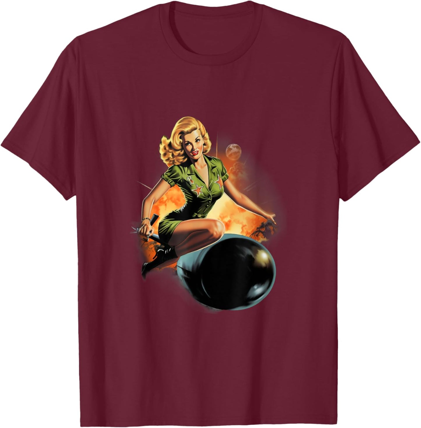 Pinup Girl Military Bomber Girl Riding Bomb T-Shirt - T-Shirt | Maroon