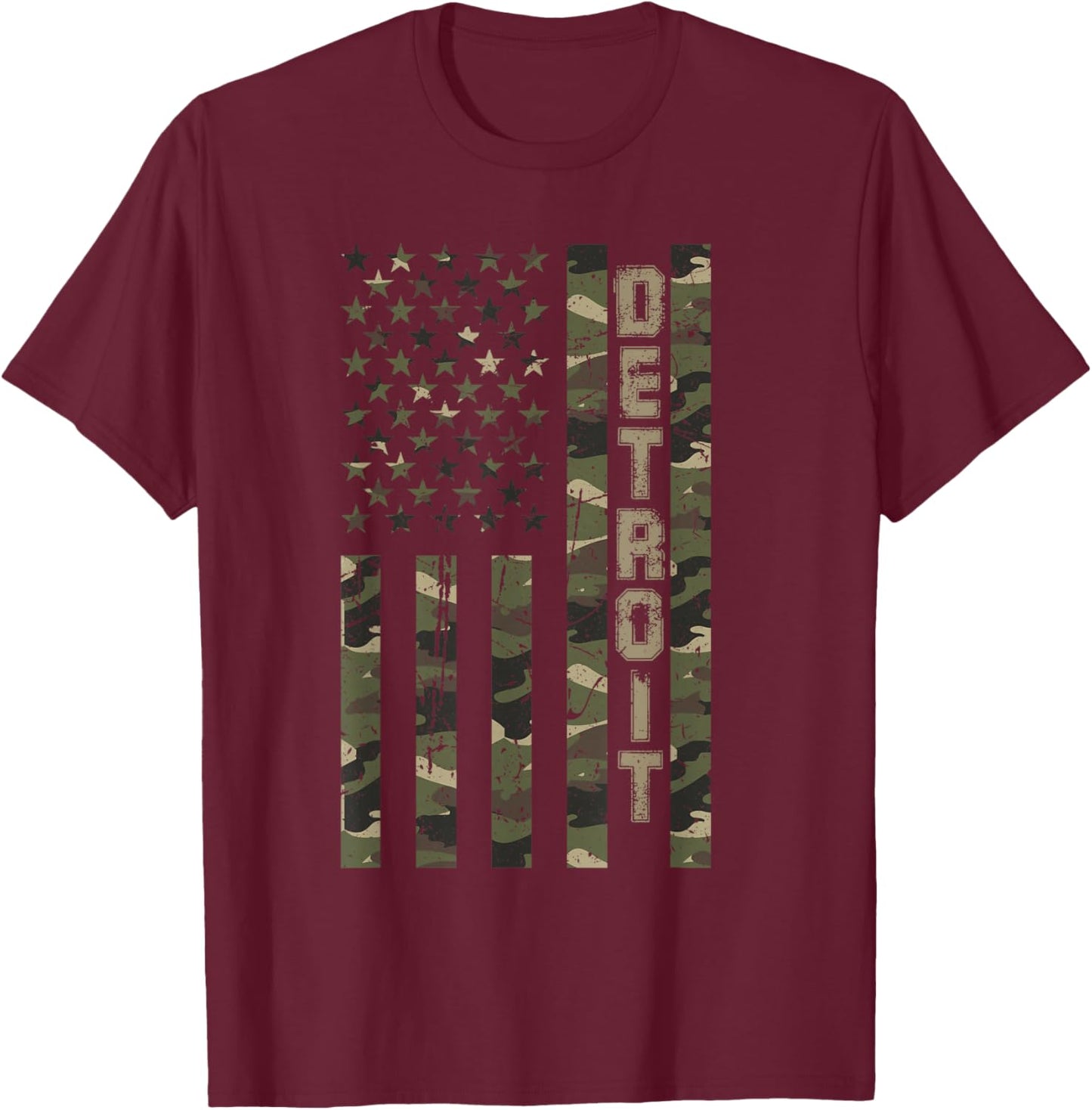 Detroit United States Distressed Camo w US Flag T-Shirt - T-Shirt | Maroon