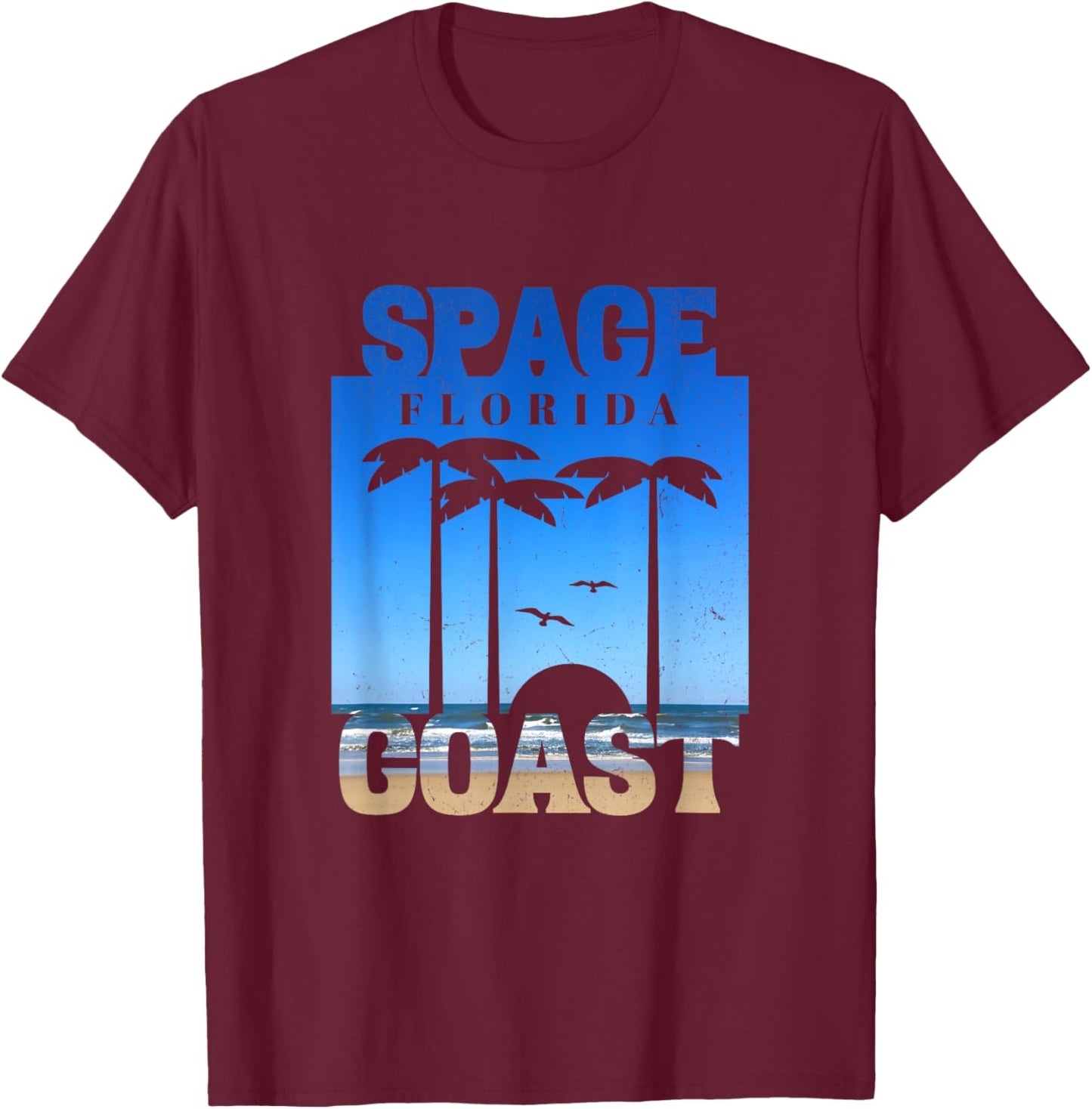 Space Coast Beach Florida, Cool Retro 80s Simple Graphic T-Shirt - T-Shirt | Maroon