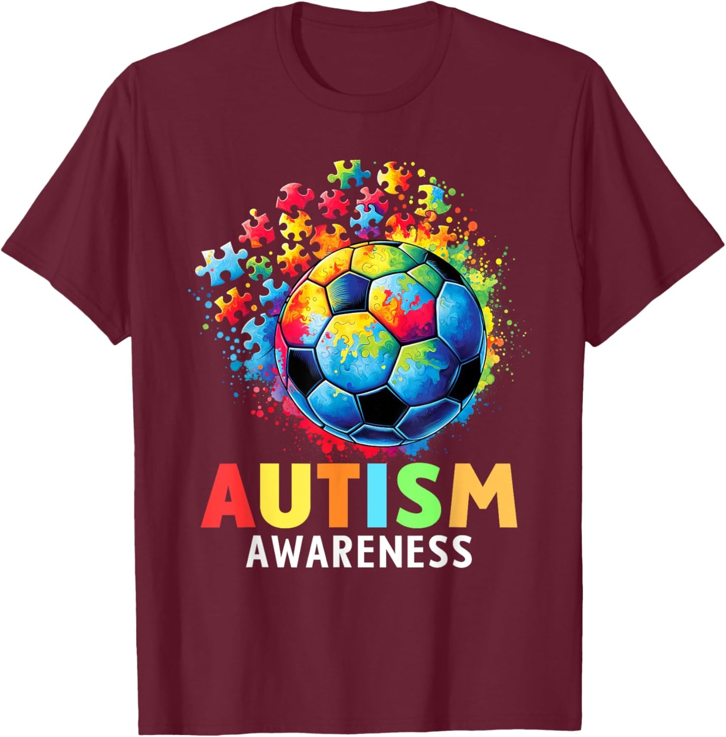 Autism Soccer Ball Autistic Autism Awareness Colorful T-Shirt - T-Shirt | Maroon
