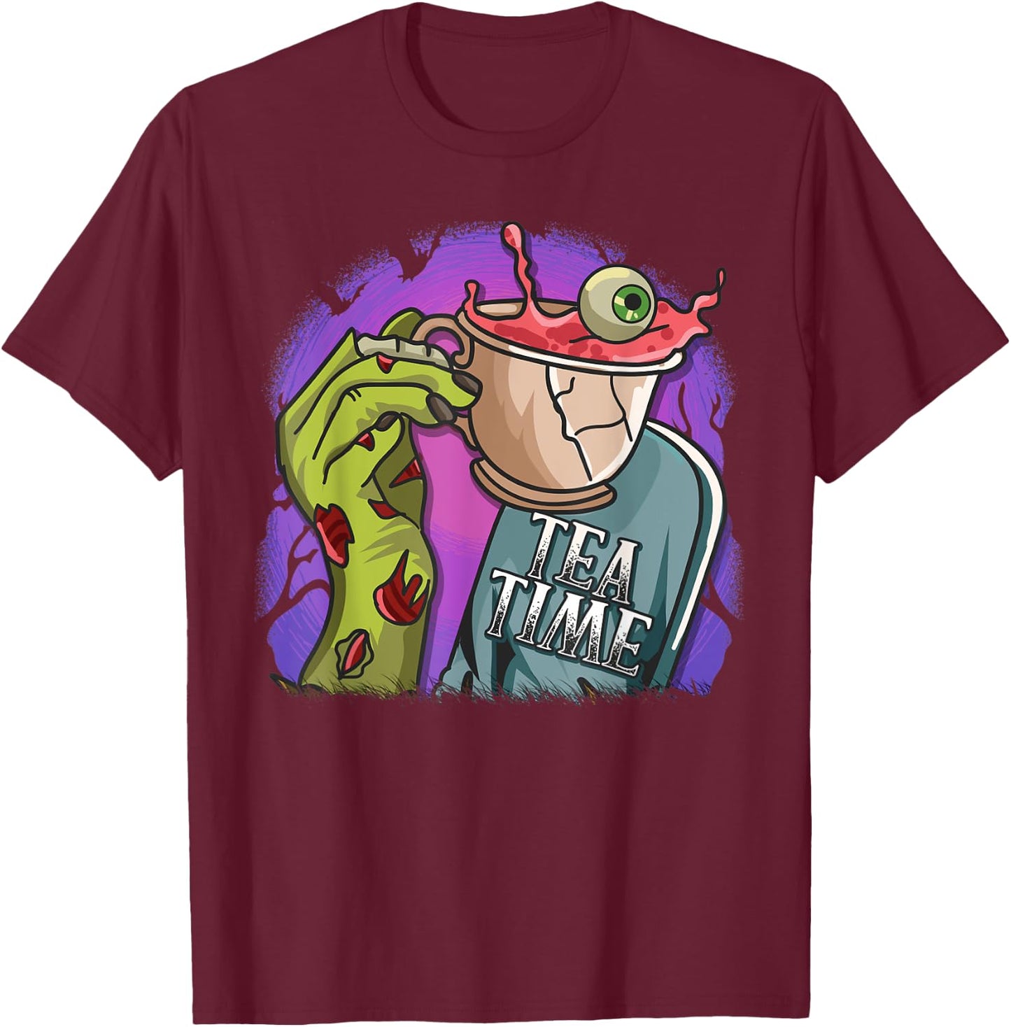 Funny Zombie Hand Tea Time Spooky Halloween Costume T-Shirt - T-Shirt | Maroon