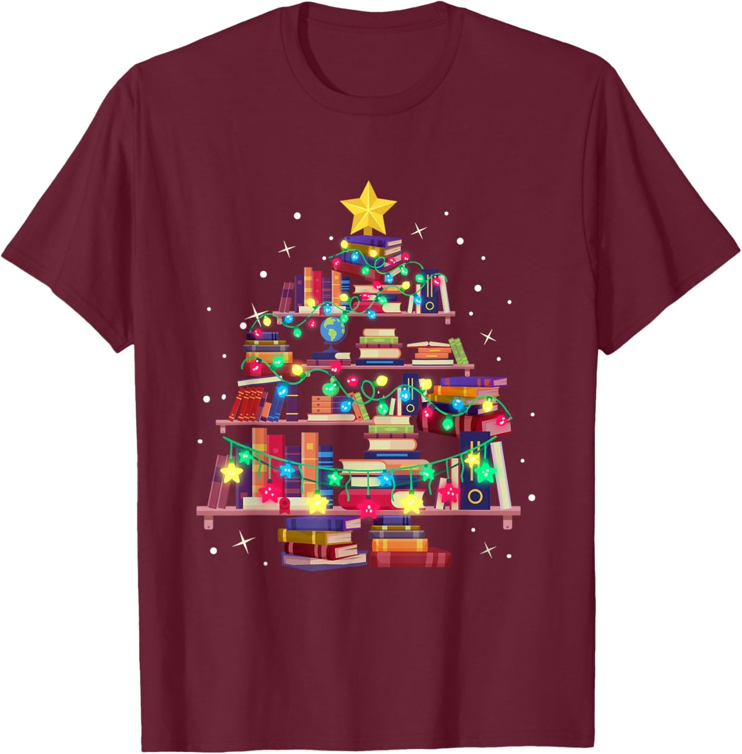 Christmas Library Tree Love reading books nerd Teacher T-Shirt - T-Shirt | Maroon