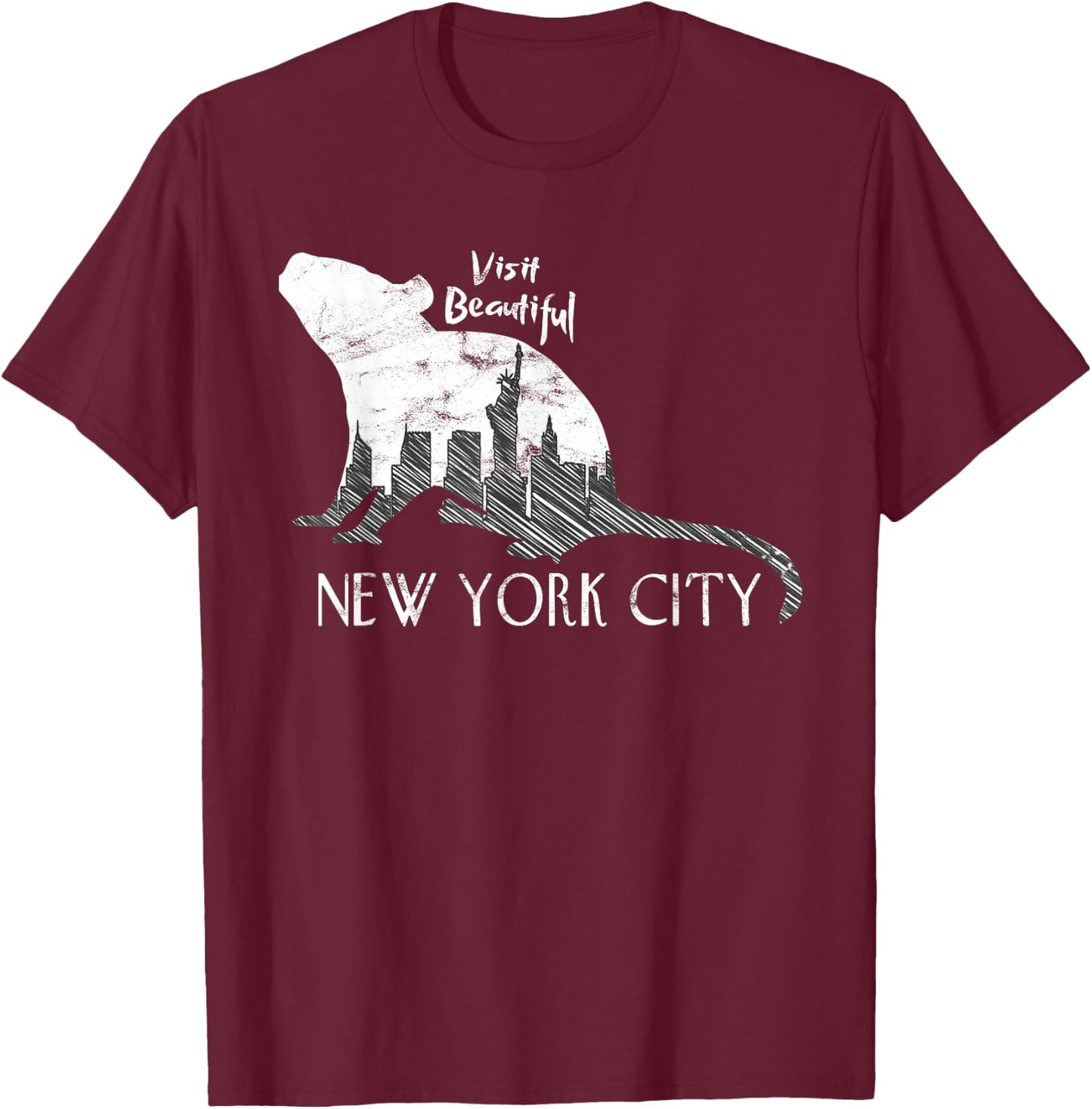 Visit Beautiful New York City Funny Rat Skyline Parody T-Shirt - T-Shirt | Maroon