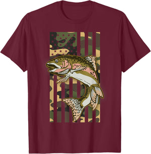 Trout Fishing Camo American Flag Rainbow Trout Fisherman T-Shirt - T-Shirt | Maroon