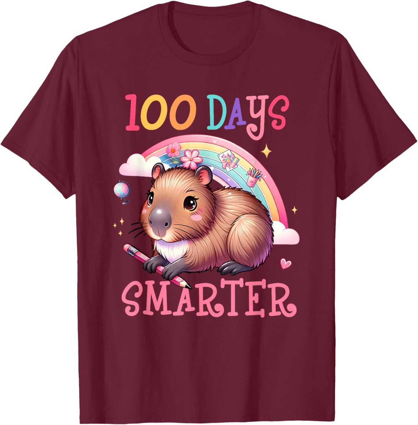 100 Days Smarter Capybara Kids Teacher 100th Day of School T-Shirt - T-Shirt | Maroon