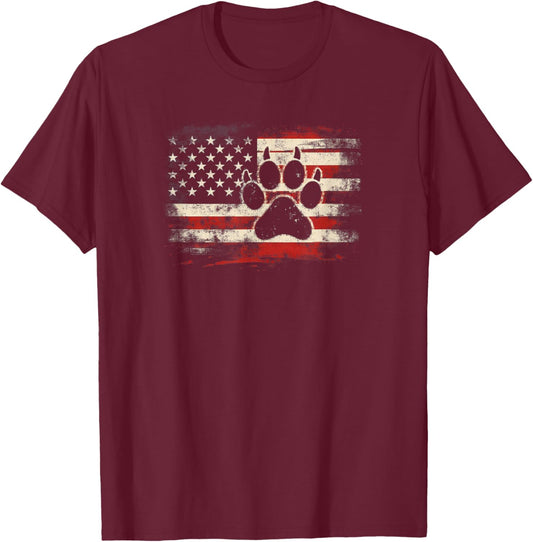 4th Of July American Flag Patriotic Dog & Cat Paw Print T-Shirt - T-Shirt | Maroon