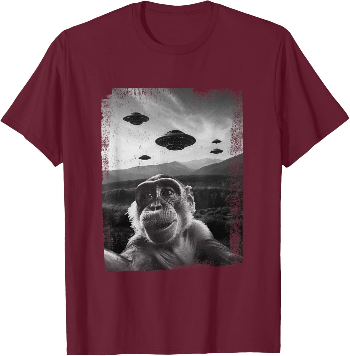 Funny Monkey Selfie With Alien Ufo Cute Monkey For Kids T-Shirt - T-Shirt | Maroon